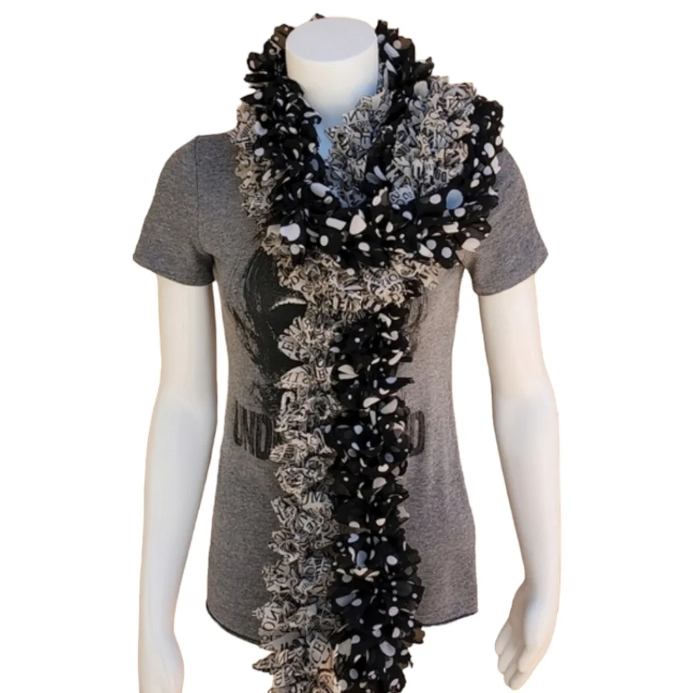 Vintage Handmade Chiffon Pom Pom Scarf Two Scarves Shreds Polka Dots US Cities
